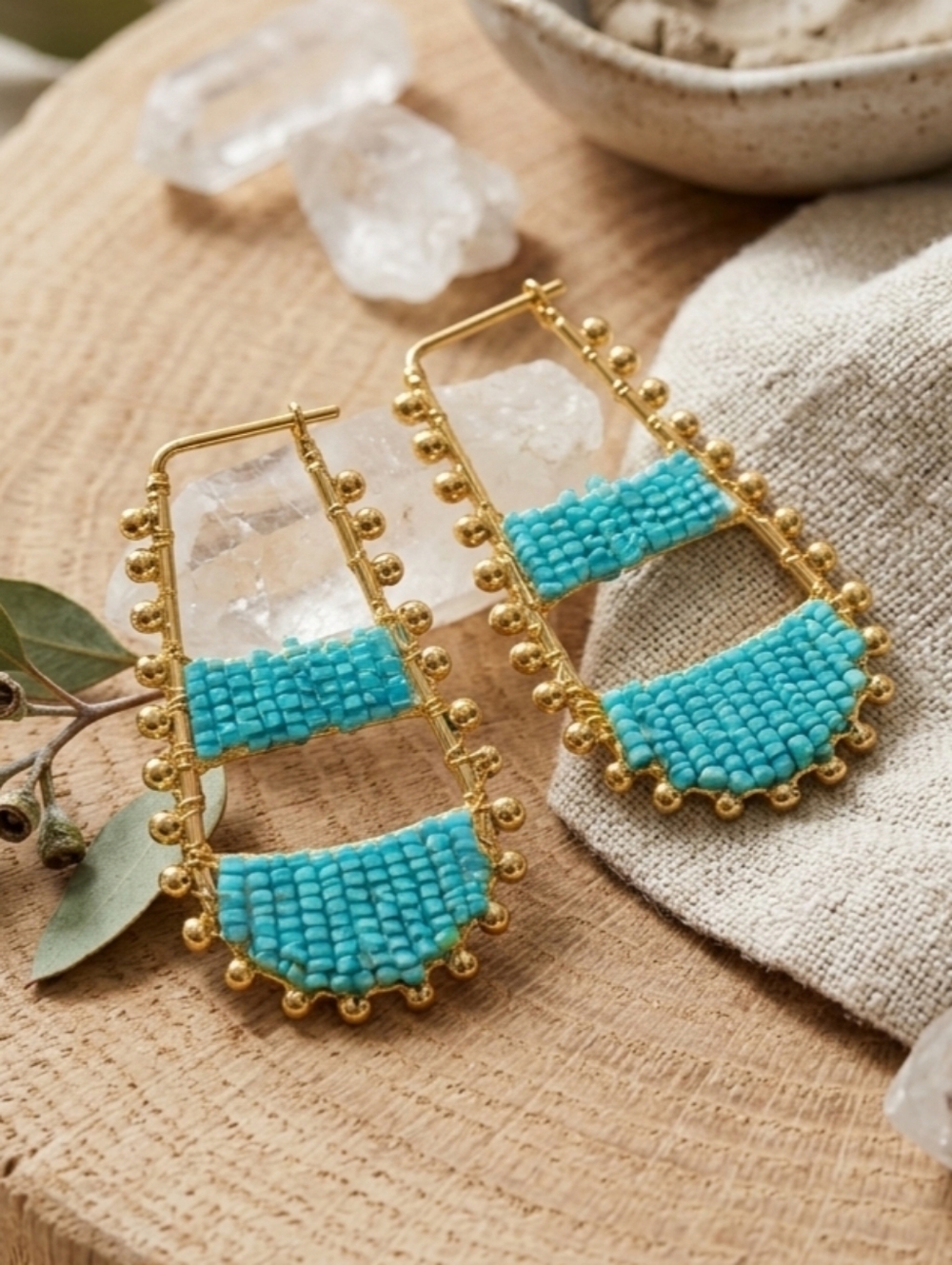 Aqua Beaded Statement Hoop Earrings Handmade Artisan Boho Ethnic Gold Drop - Picture 12 of 16